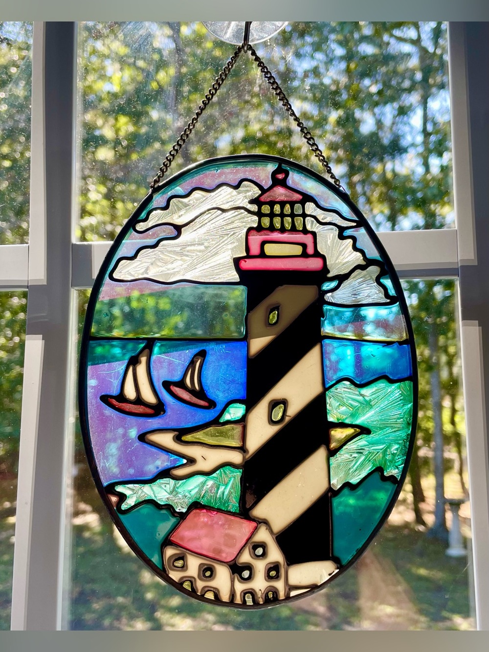 Coastal Lighthouse & Sailboats Oval Suncatcher